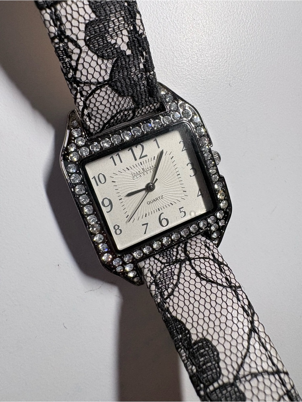Joan Rivers Black Lace Strap Crystal Accent Square Quartz Watch